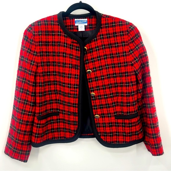 Vintage Pendleton Petite 100% Virgin Wool Tartan Plaid Red Blazer Jacket 10 y2k - Picture 4 of 11
